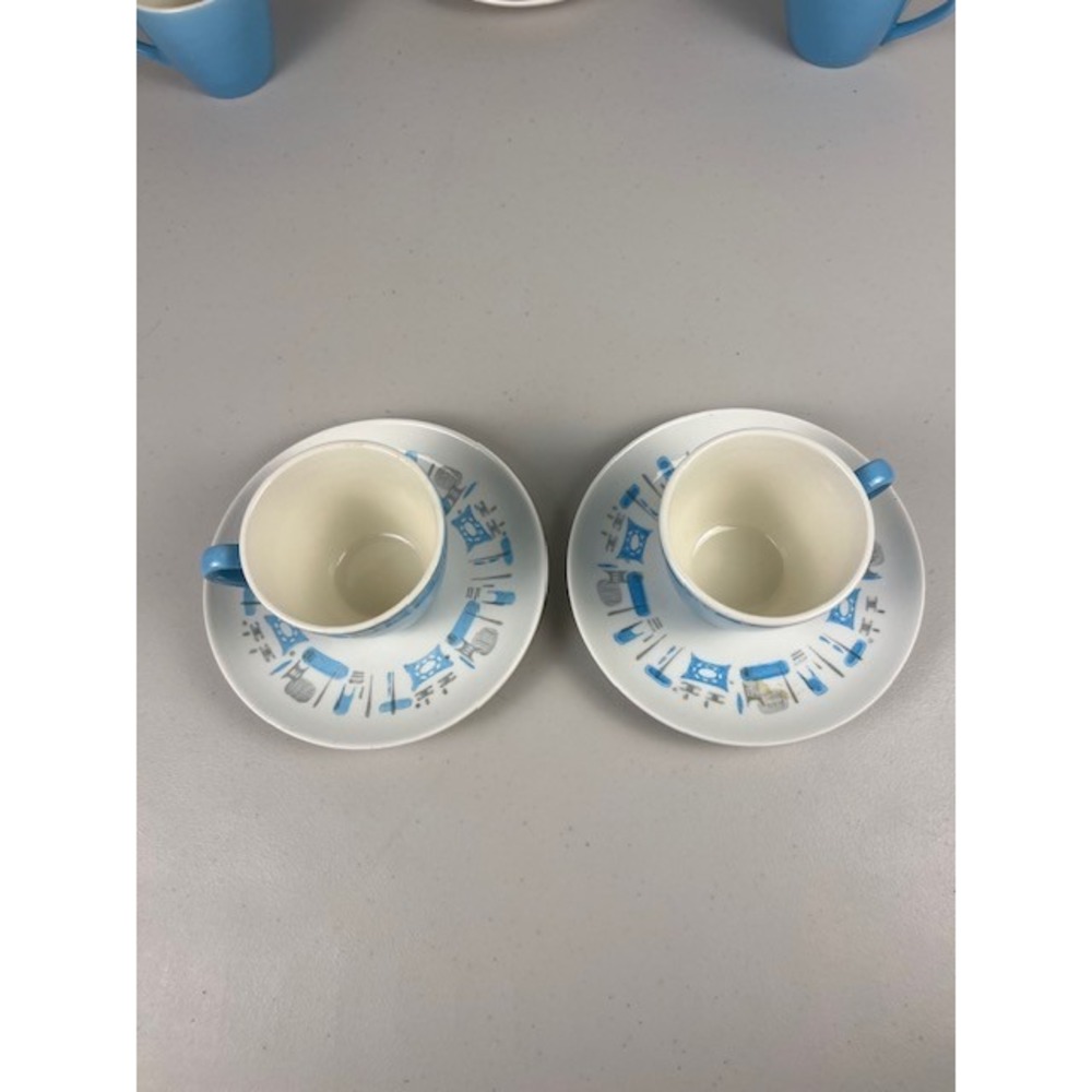 Vintage Mid Century Modern Atomic Kitchen Blue Tea Coffee Cup Saucer Set of Two - Picture 7 of 9